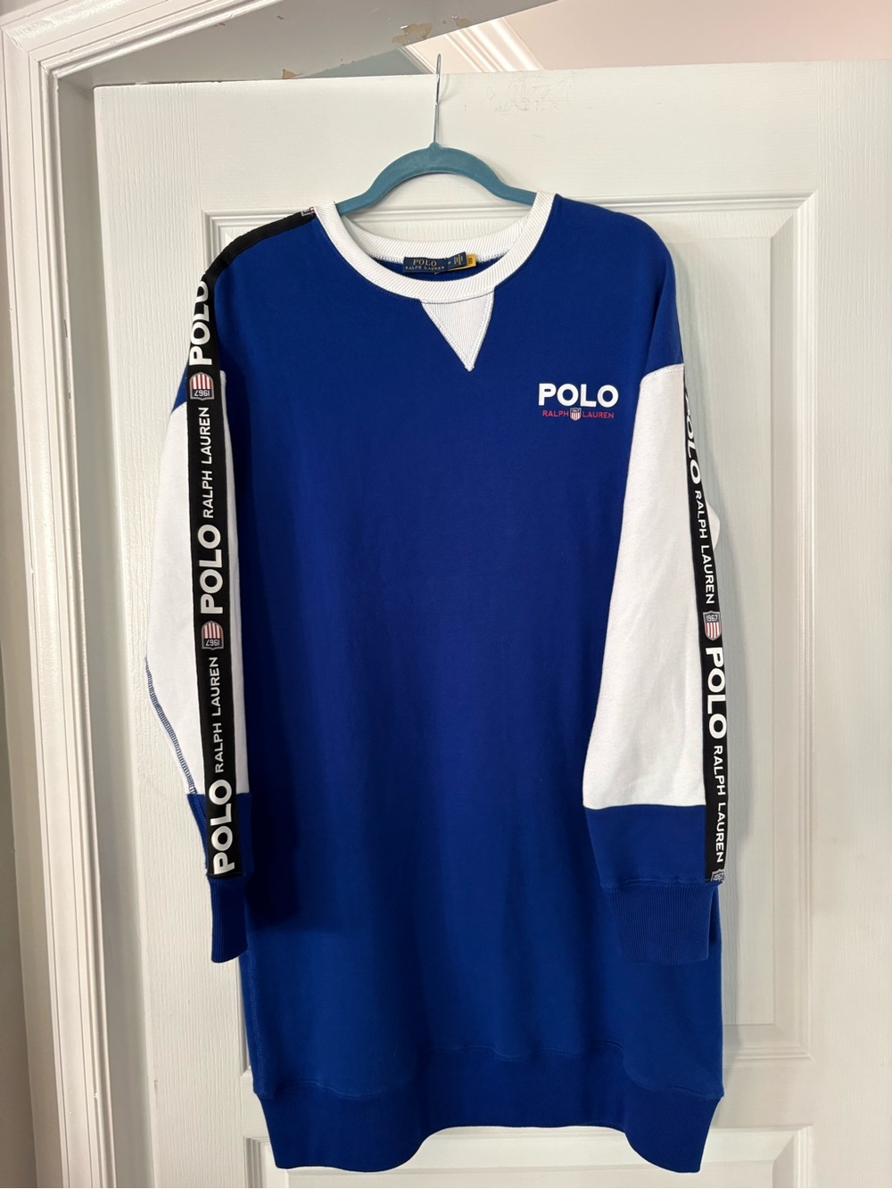 Polo by Ralph Lauren Women’s Blue & White Logo Sleeve Sweatshirt Dress